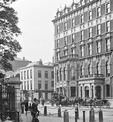 Historic black and white photo of a grand building
