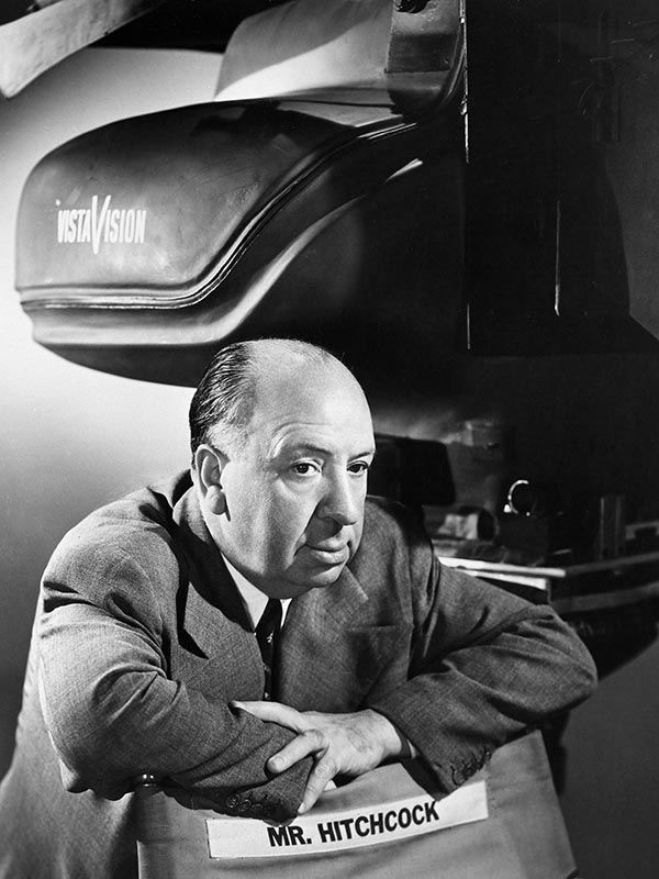 Alfred Hitchcock in black and white portrait