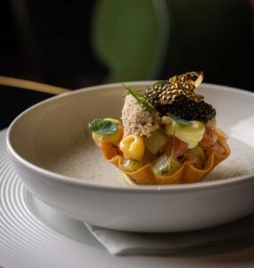 Gourmet appetizer with caviar in pastry shell