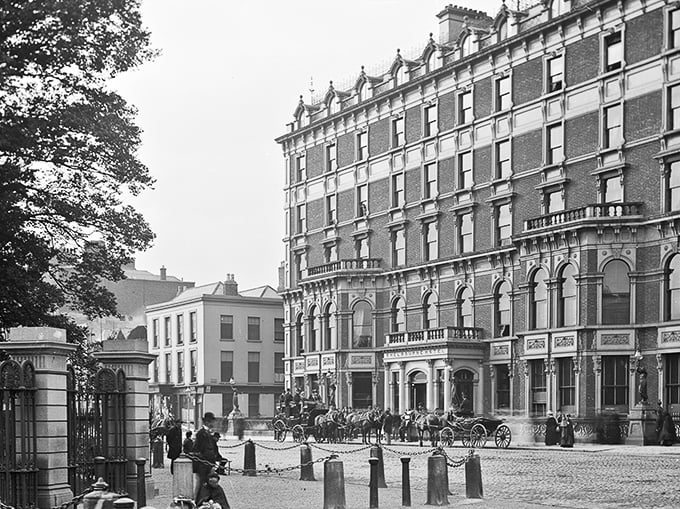 Historic black and white photo of a grand building